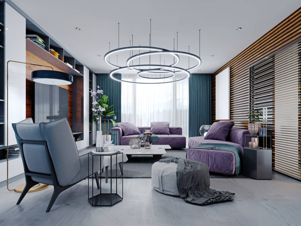 : Modern living room with purple sofas, stylish lighting, and contemporary interior design