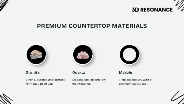 Premium counter top materials for kitchens and bathrooms with durable, stylish, and elegant finishes