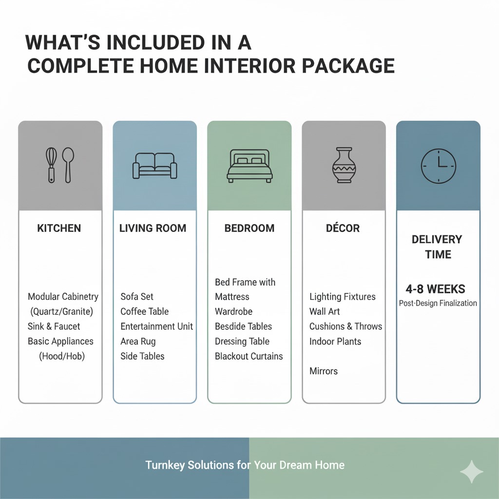 Full home interior design package including planning, furniture and décor solutions.