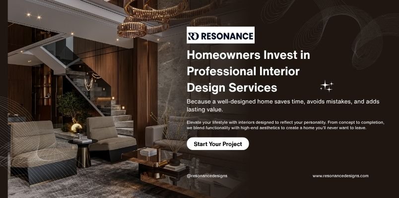 Luxury living room promoting professional interior design services by Resonance Designs.