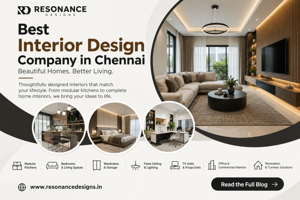 Best interior design company in Chennai offering complete home interior design, modular kitchens, bedrooms, wardrobes, lighting and turnkey interior solutions.